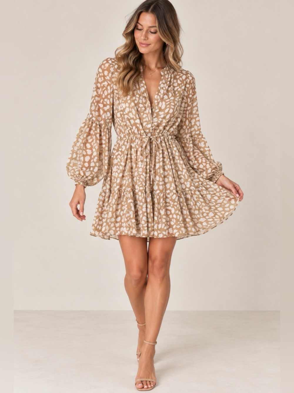 Beige and White Printed Long Sleeve Drawstring Chiffon Mini Dress - size small
